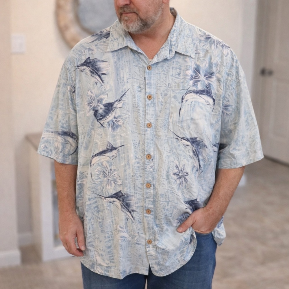 Magellan Sportswear Men’s XXL Fishing Shirt Marlin Print Hawaiian Style